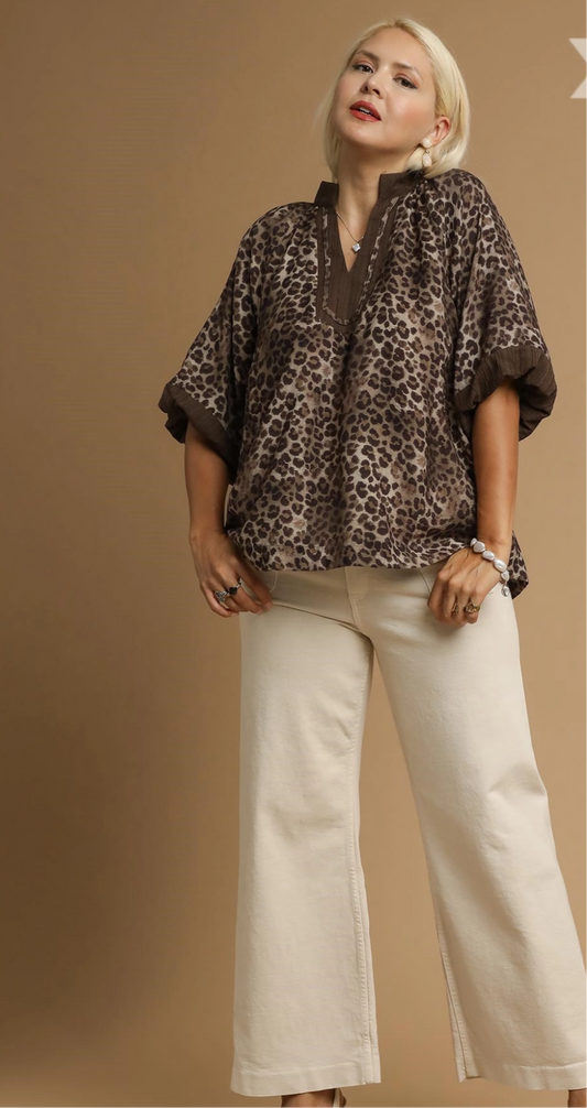 Umgee Leopard Print Pleated Blouse