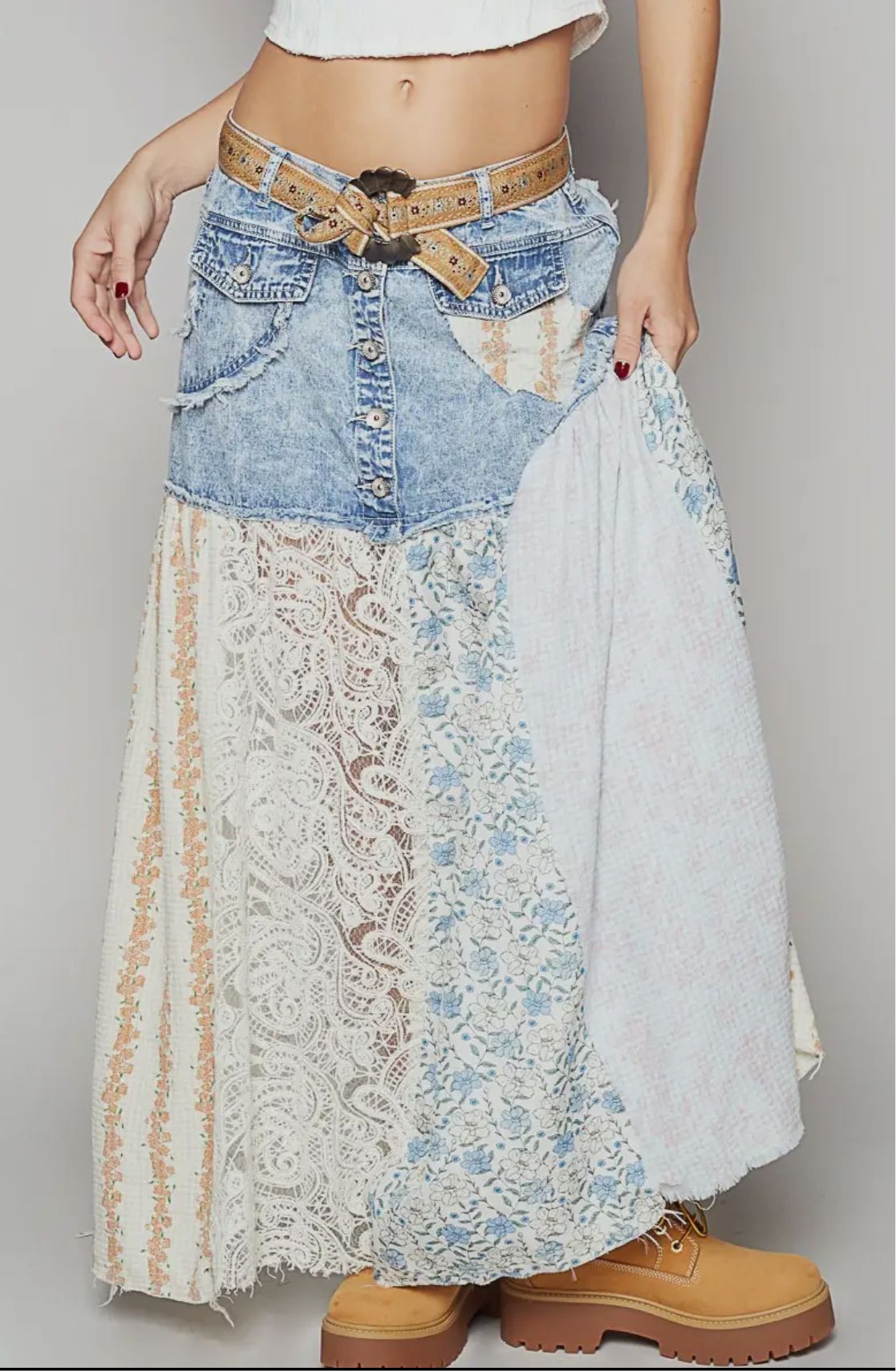 POL Woven Floral Print Mixed Skirt