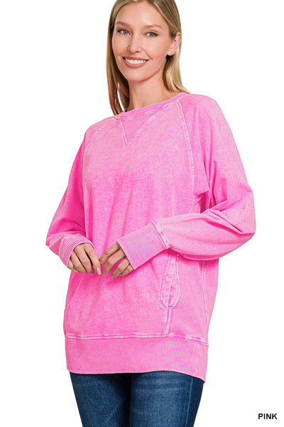 Zenana Acid Washed French Terry Round Neck Pullover