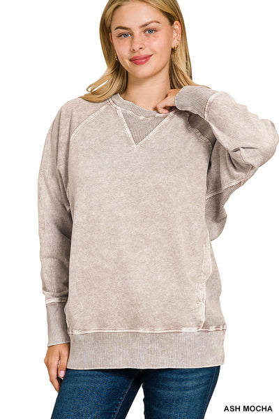 Zenana Acid Washed French Terry Round Neck Pullover