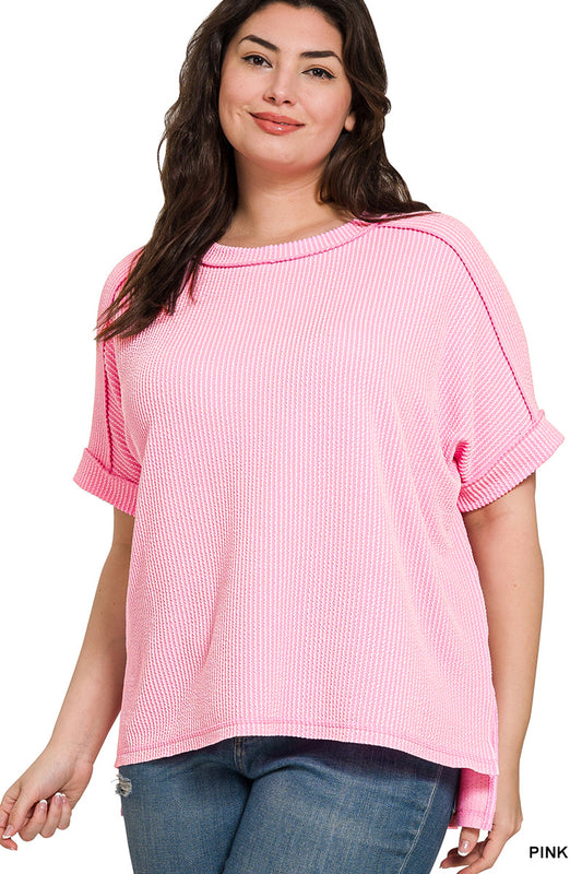 Zenana Plus Size Raised Rib Cuff Raw Edge Top