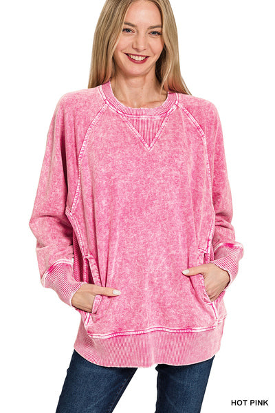 Zenana Acid Washed French Terry Round Neck Pullover