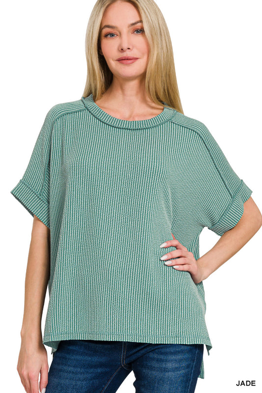 Zenana Raised Rib Cuff Sleeve Raw Edge Top