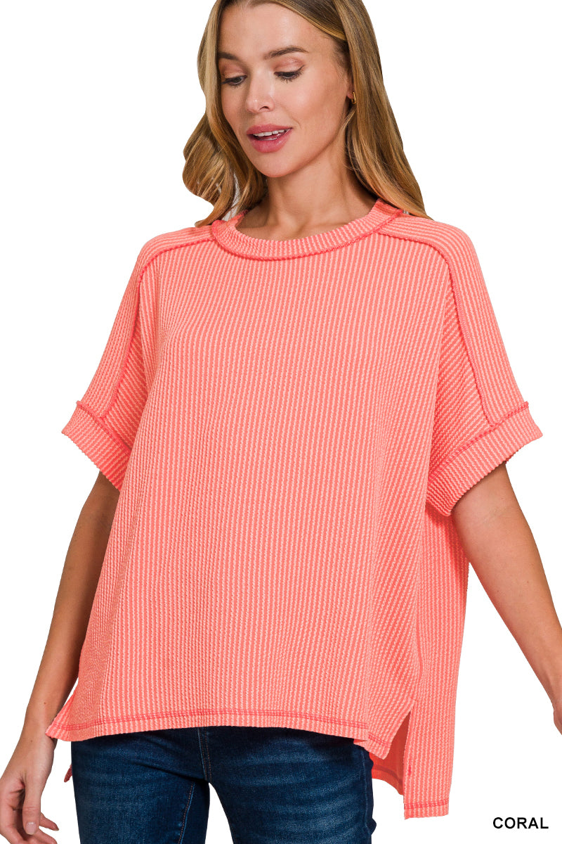 Zenana Raised Rib Cuff Sleeve Raw Edge Top