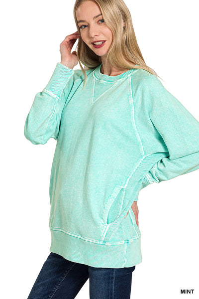 Zenana Acid Washed French Terry Round Neck Pullover