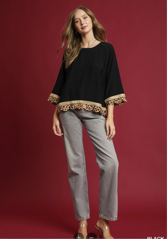 Umgee Boho Top with Leopard Trim