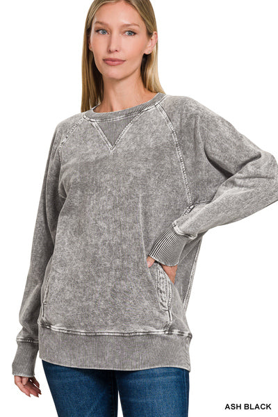 Zenana Acid Washed French Terry Round Neck Pullover