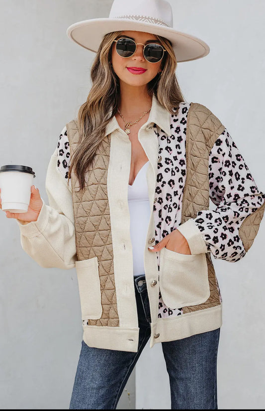 Lovesoft Khaki Leopard Waffle Quilted Patchwork Button Jacket