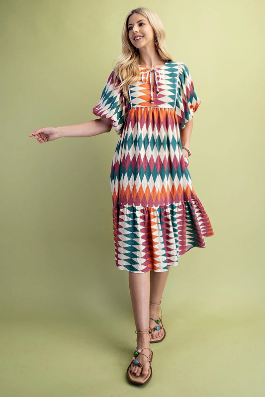Gigio Diamond Print Midi Dress with Striped Binding Details and a Beaded Neck Tie