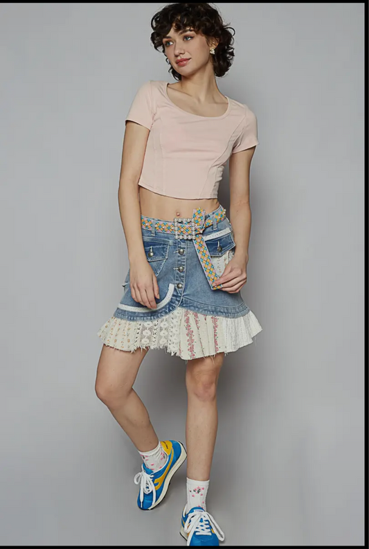 POL Printed Patchwork mini skirt button down Flare