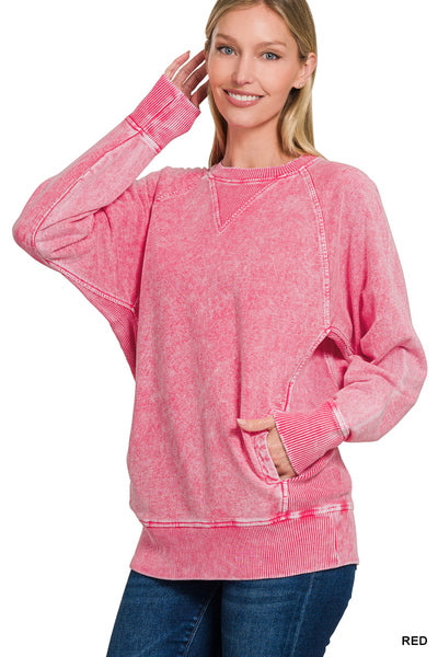 Zenana Acid Washed French Terry Round Neck Pullover