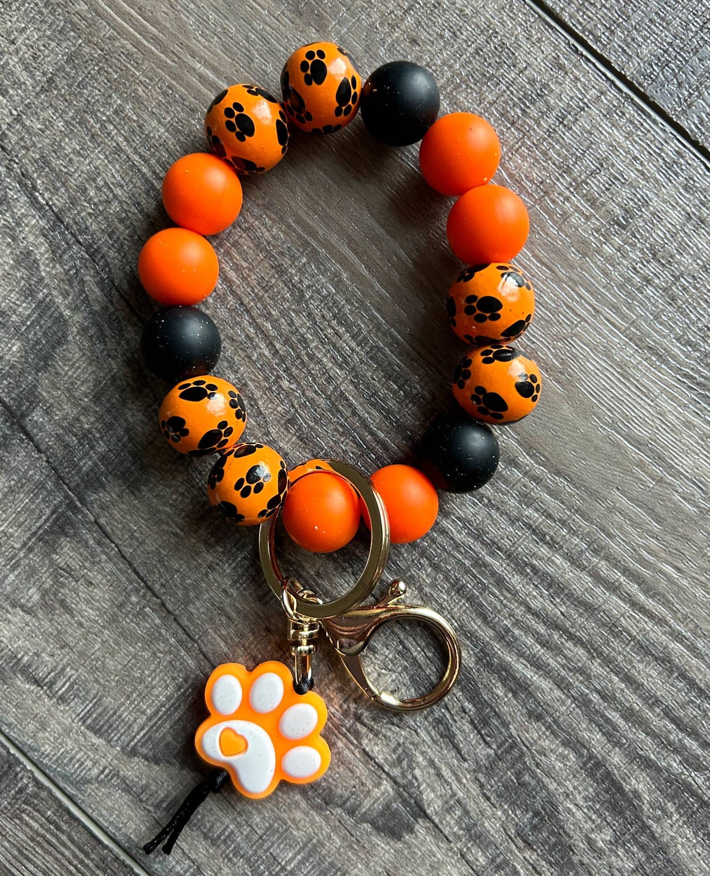 Paw Print Silicone and Wooden Bead Wristlet Keychain