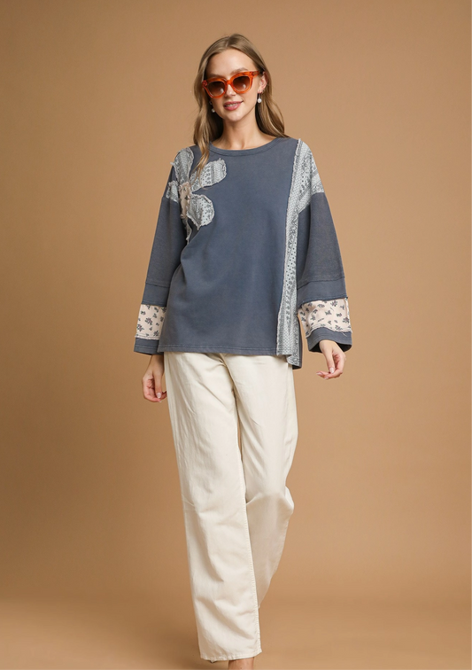 Umgee French Terry Patchwork Pullover