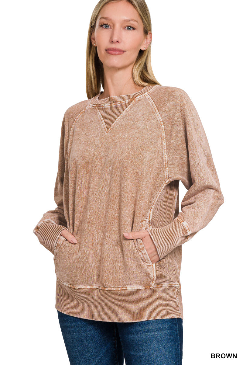 Zenana Acid Washed French Terry Round Neck Pullover