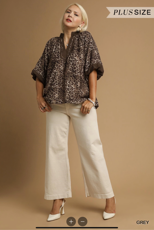 Umgee Plus Leopard Print Pleated Sleeve Blouse