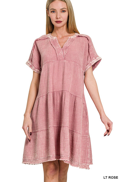 Zenana Washed Double Gauze Raw Edge V-Neck Dress