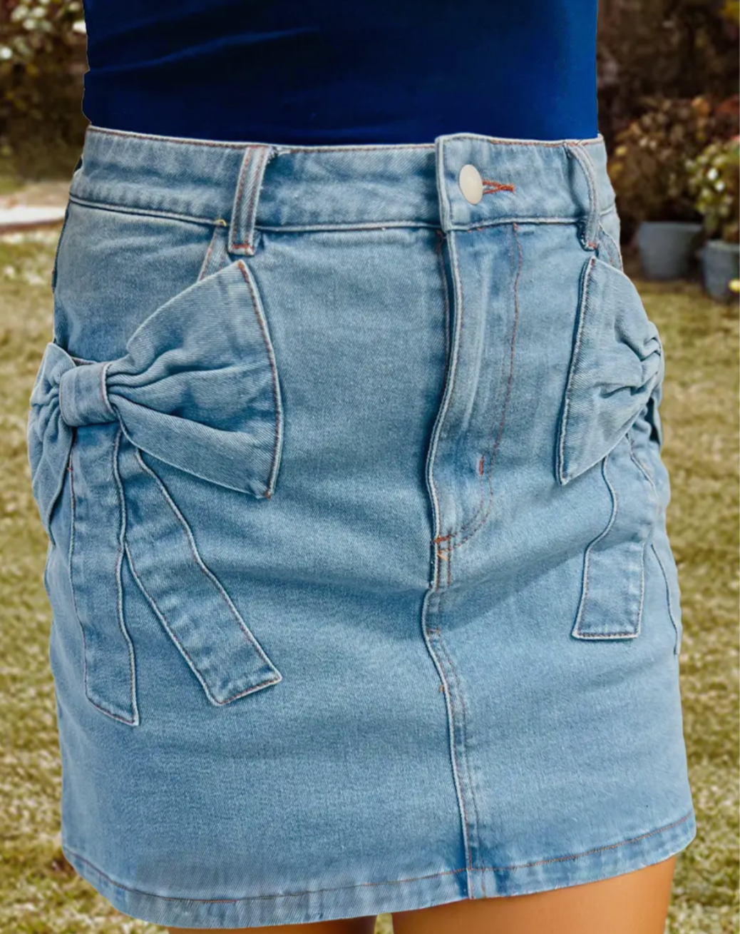 Denim Bow Pocketed High Waist Skirt