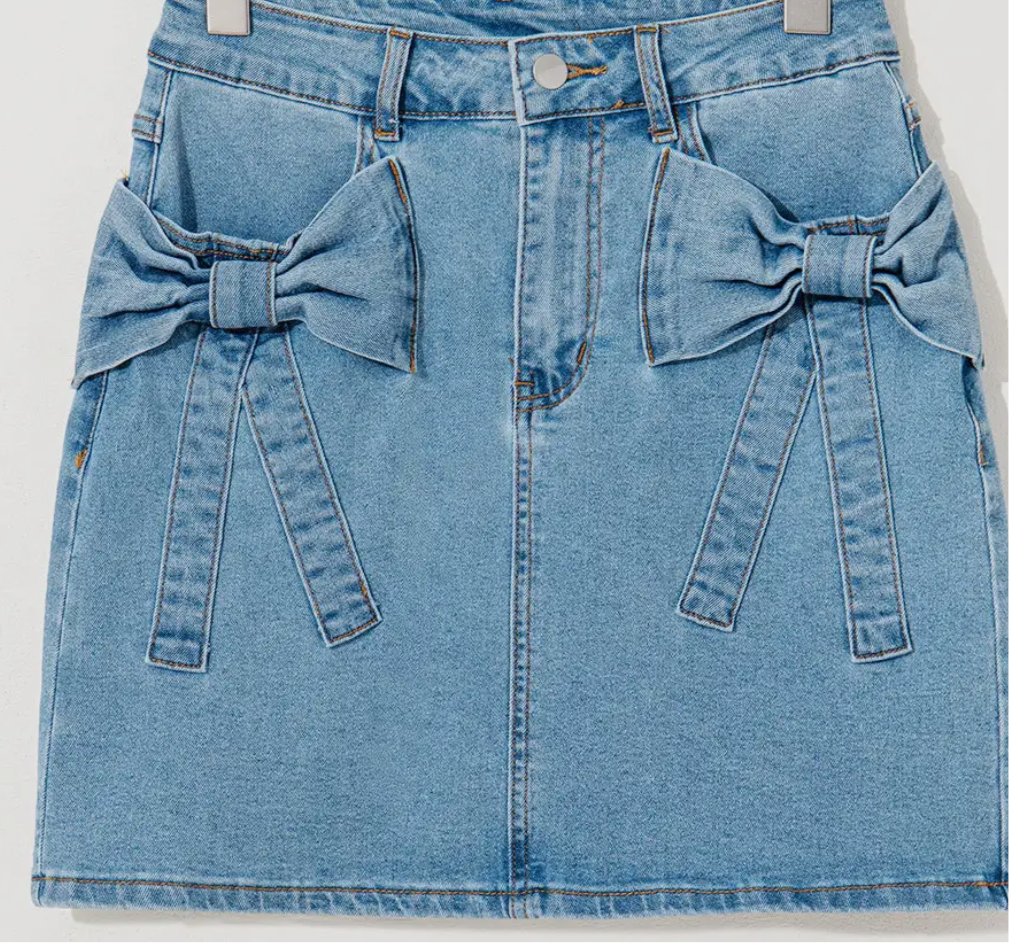 Denim Bow Pocketed High Waist Skirt