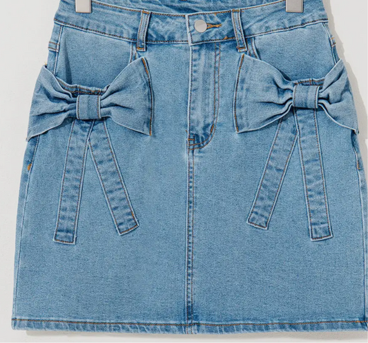 Denim Bow Pocketed High Waist Skirt