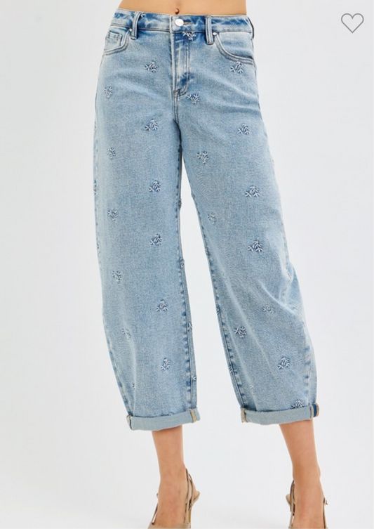 Risen High Rise Leaf Embo Barrel Jeans