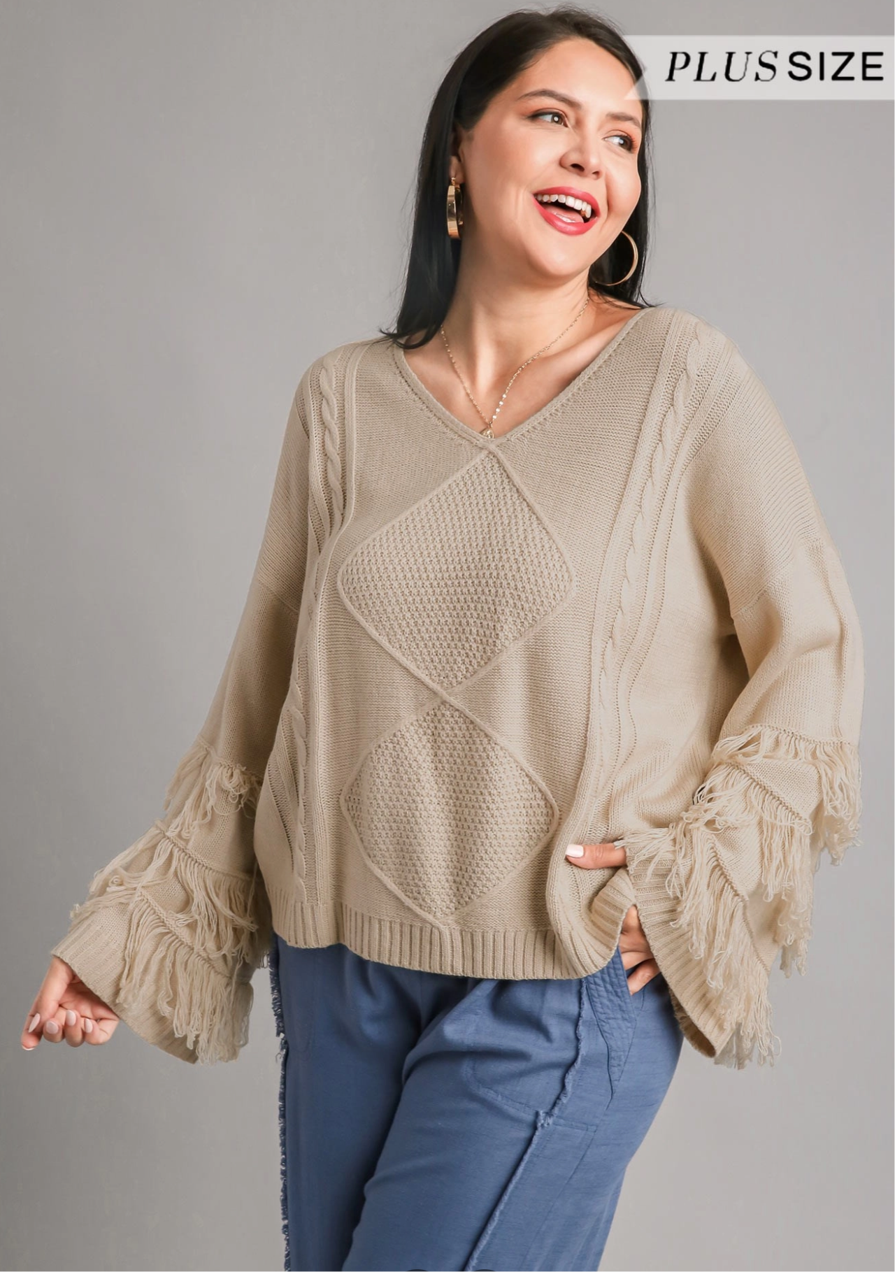 Umgee Plus Vneck Cable Knit Sweater with fringe on Sleeve