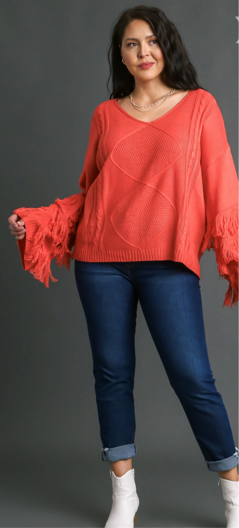 Umgee Vneck Cable Knit Sweater with Fringe Sleeves