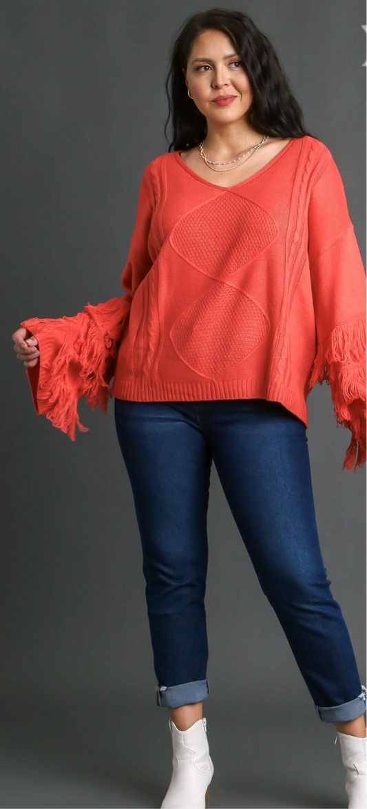 Umgee Vneck Cable Knit Sweater with Fringe Sleeves
