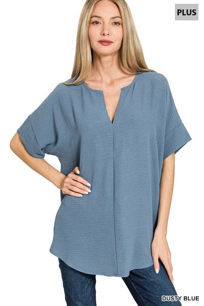 Zenana Plus Size Woven Airflow Split Neck Top