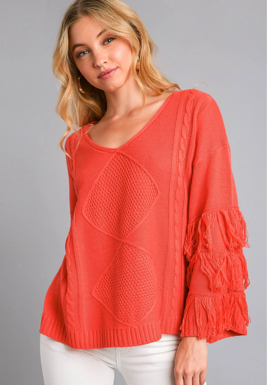 Umgee Plus Vneck Cable Knit Sweater with fringe on Sleeve