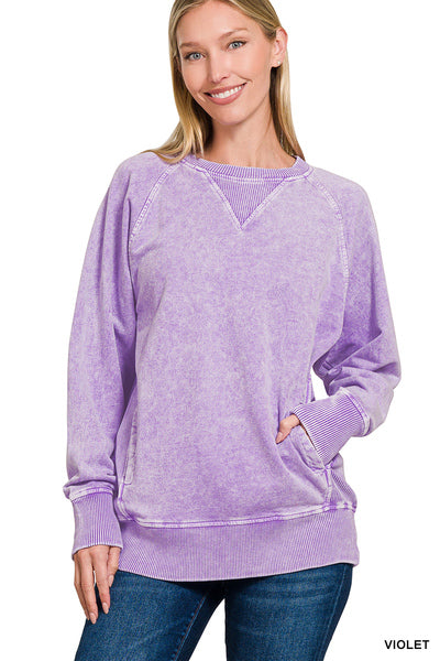 Zenana Acid Washed French Terry Round Neck Pullover