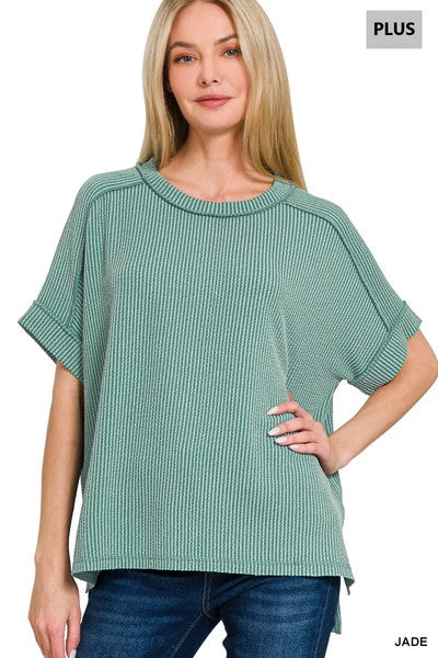 Zenana Plus Size Raised Rib Cuff Raw Edge Top