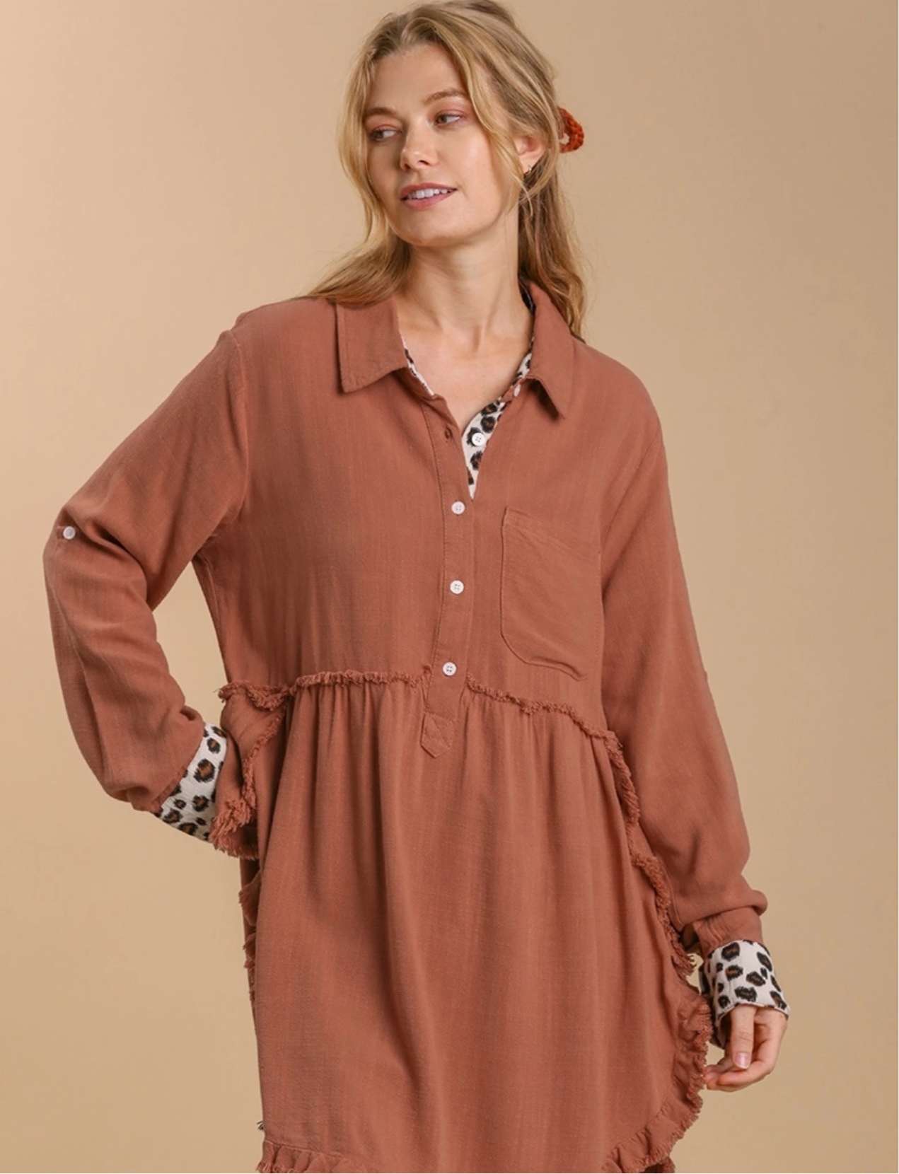 Umgee Tunic Dress with Animal Print Buttons