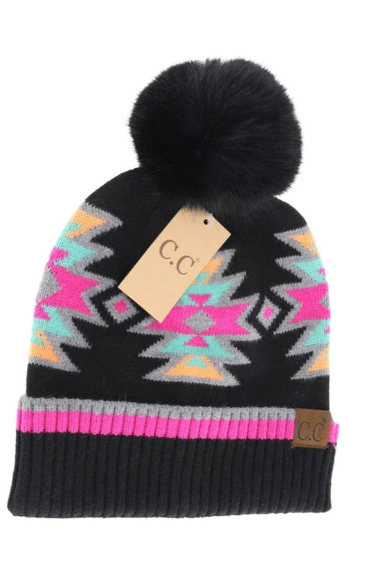 CC Beanie - Southwestern Faux Fur Pom