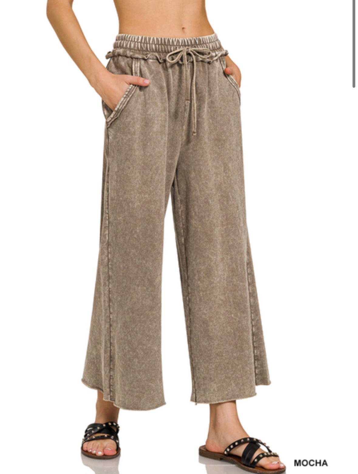 Zenana Washed French Terry Palazzo w/Pockets Mocha