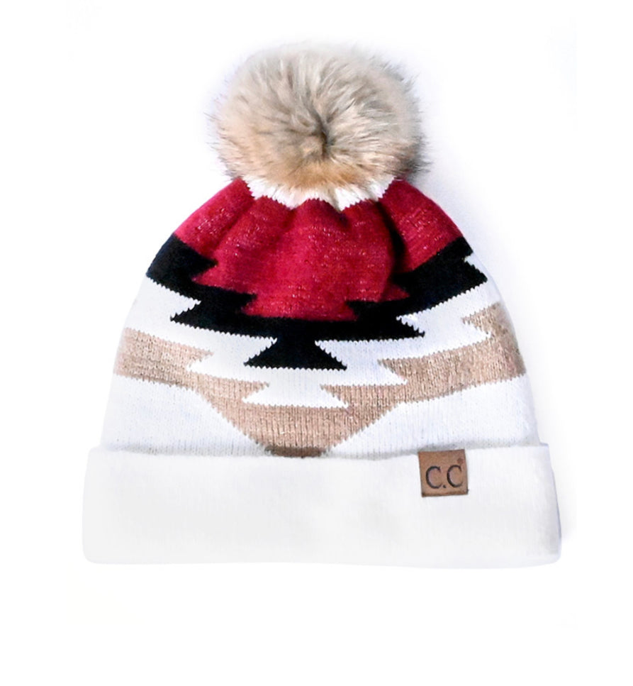 CC Beanie - Aztec Natural Faux Fur Pom