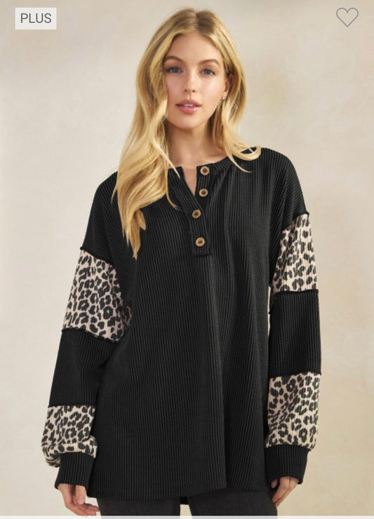 Heimish Black Rib knit Leopard Top