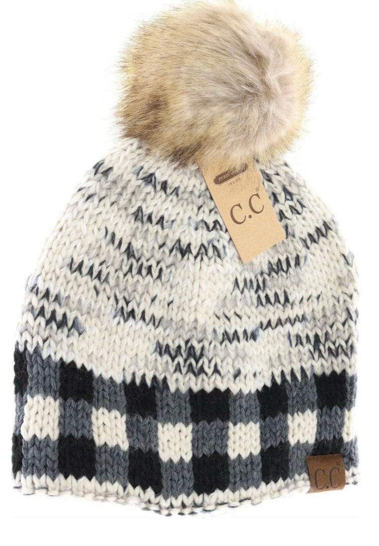 CC Beanie - Buffalo Check Fur Pom