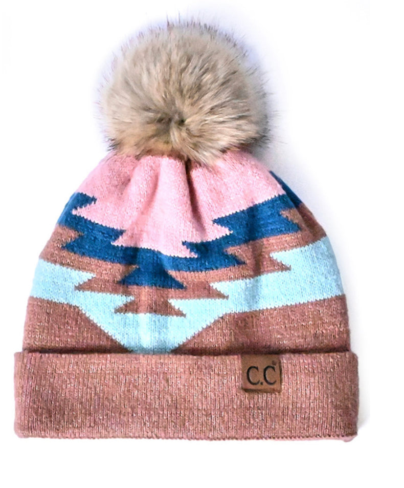 CC Beanie - Aztec Natural Faux Fur Pom