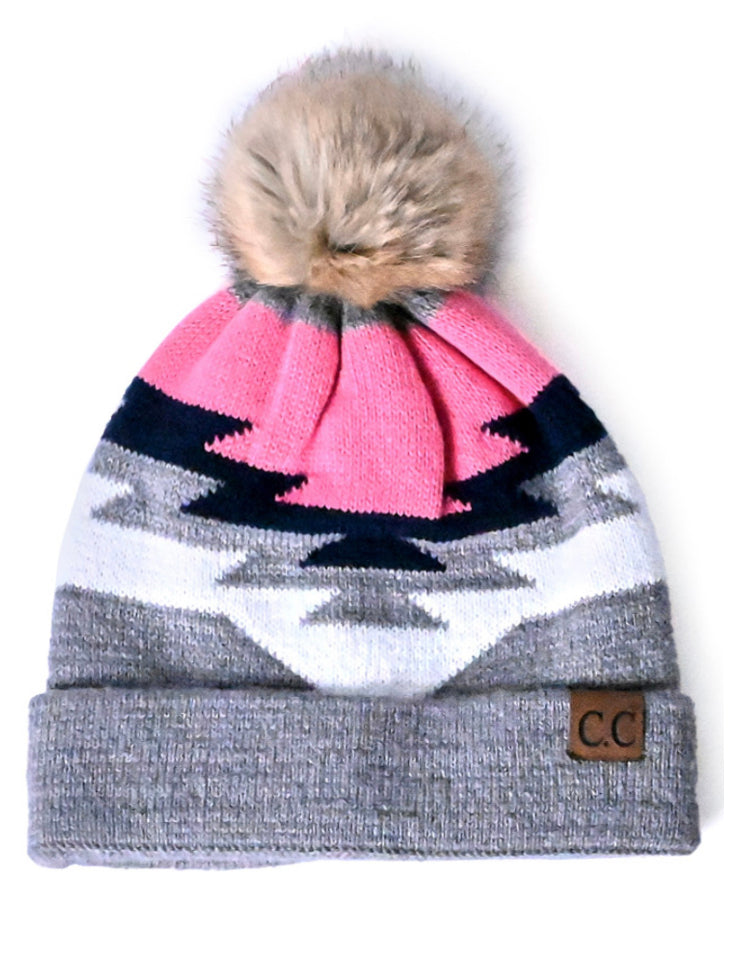 CC Beanie - Aztec Natural Faux Fur Pom