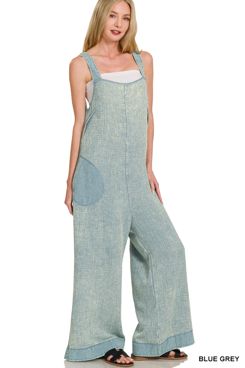Zenana Double Gauze Washed Wide Leg Overalls