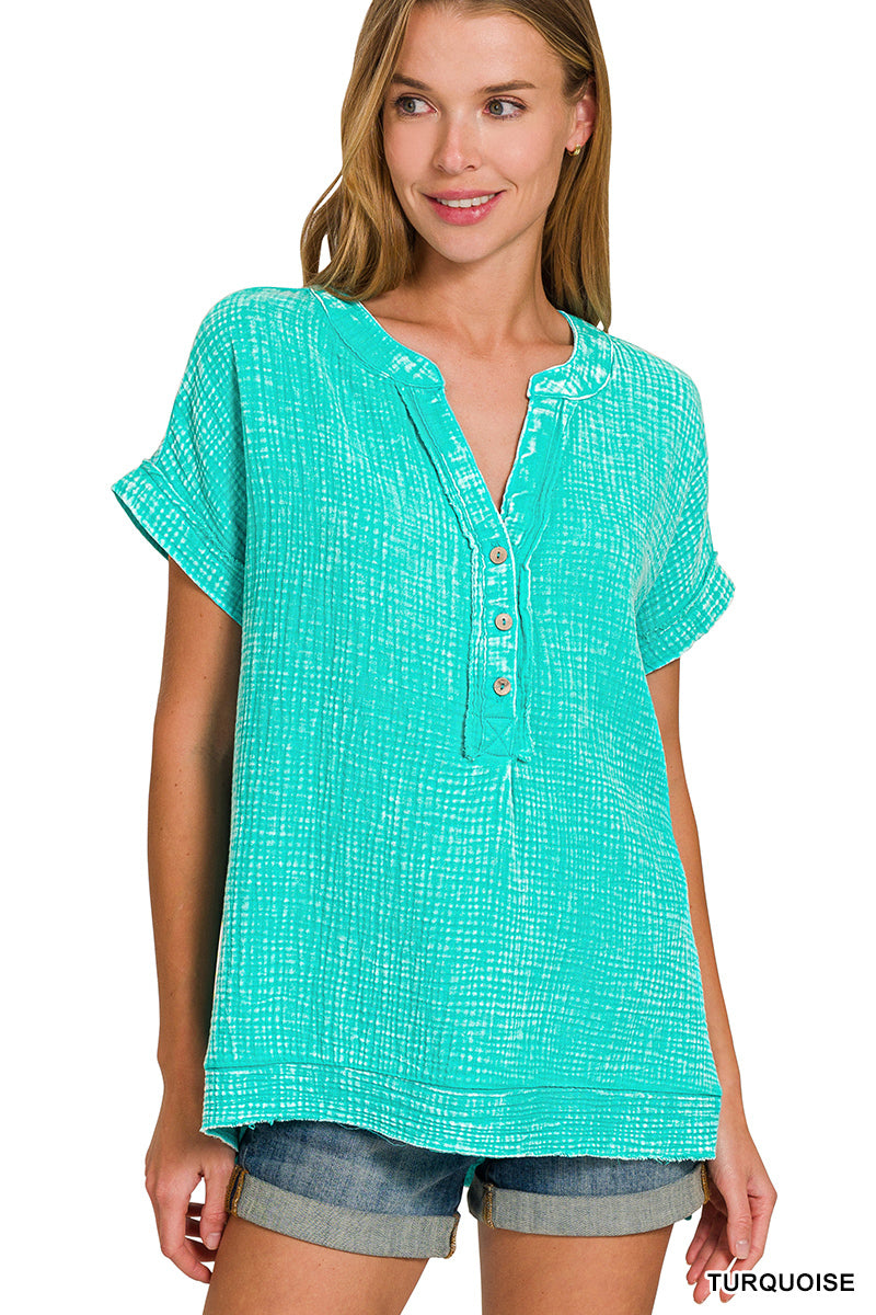 Zenana Washed Double Gauze Henley Neck Top