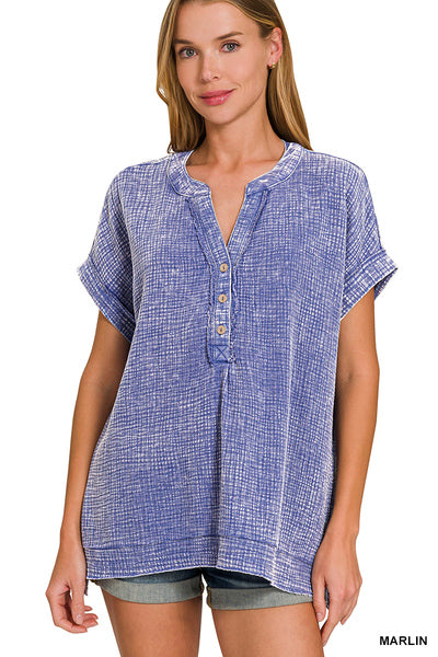 Zenana Washed Double Gauze Henley Neck Top