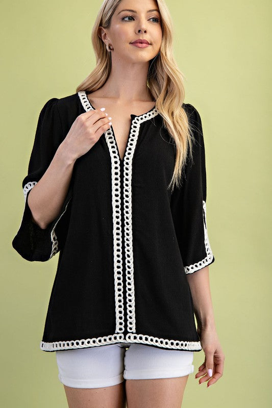 Gigio 3/4 sleeves Linen Tunic with Embroidered