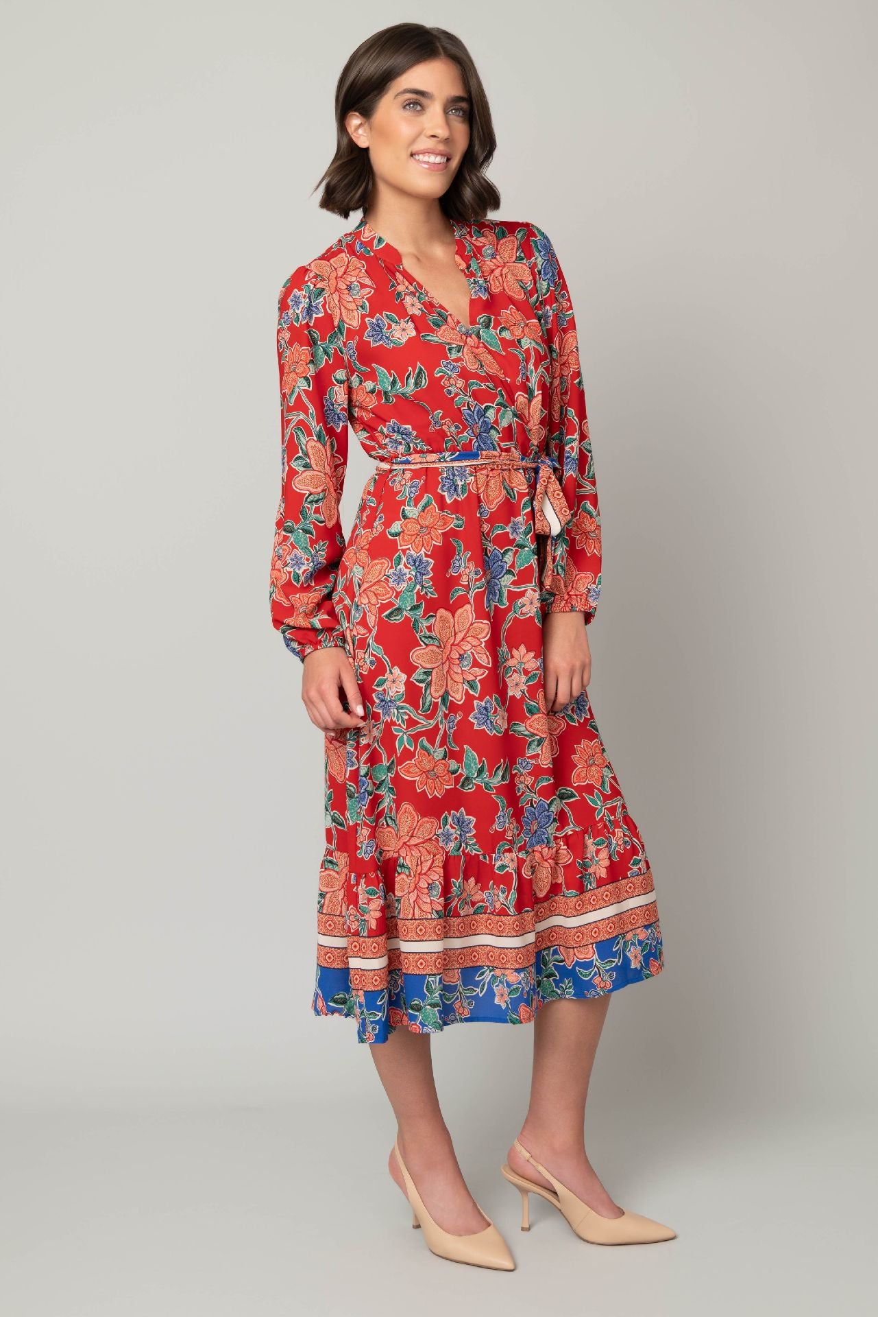 Pine Apparel Floral Red and Blue Balloon Sleeve Maxi Dress