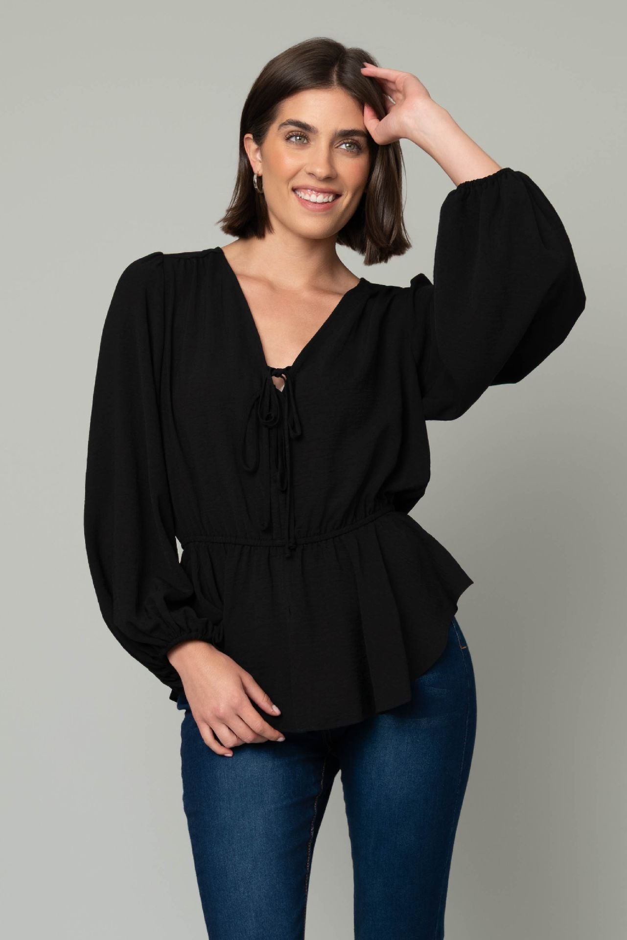 Pine Apparel Air Flow Tie Front Peplum Blouse