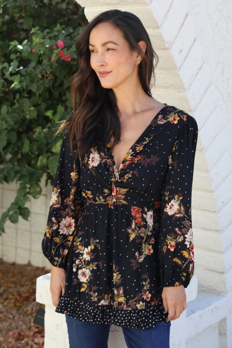 Pine Apparel Floral Pin Balloon Sleeve Blouse