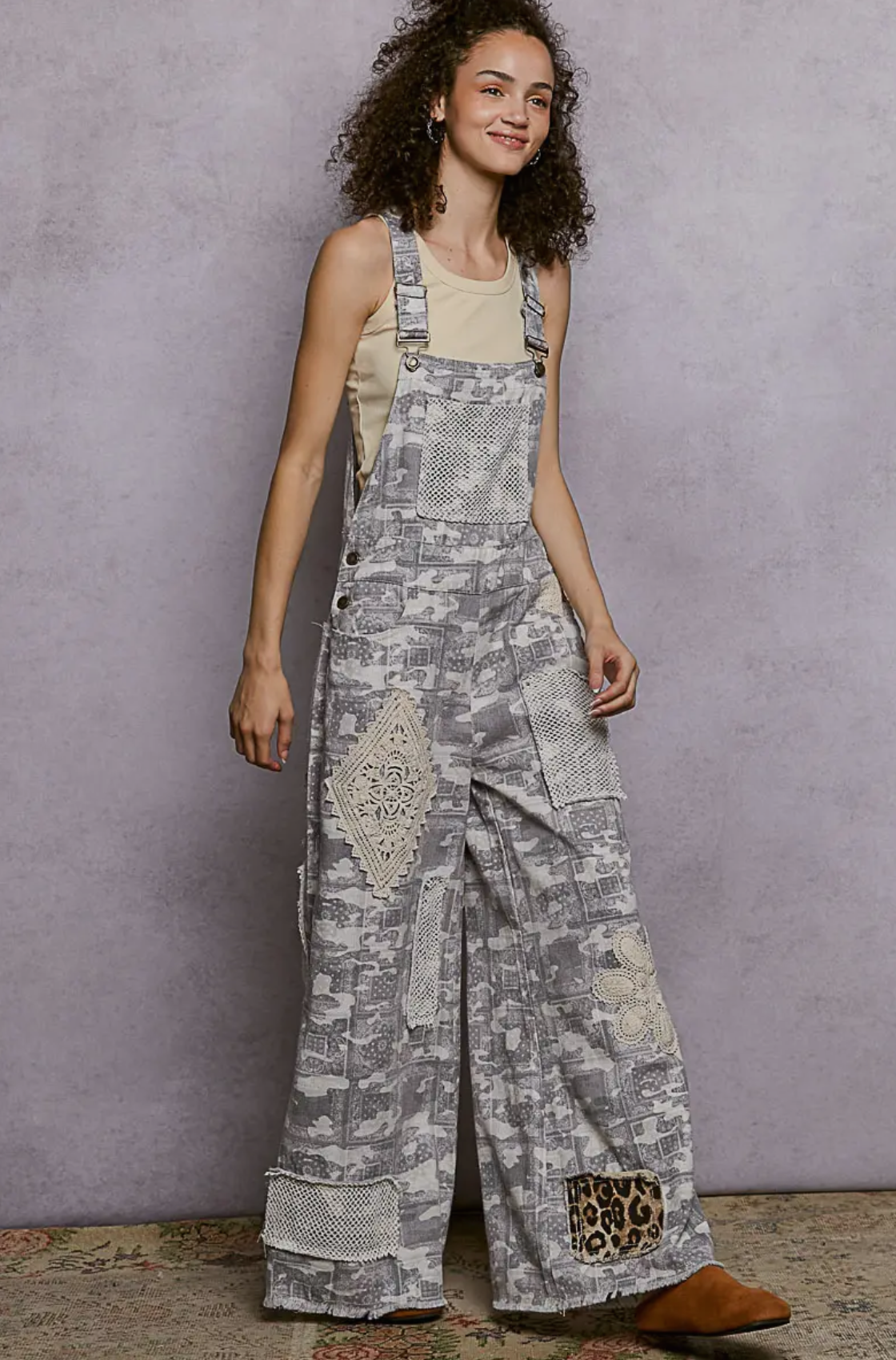 POL crochet Contrast Patch Detail Chest Pocket Woven Overalls