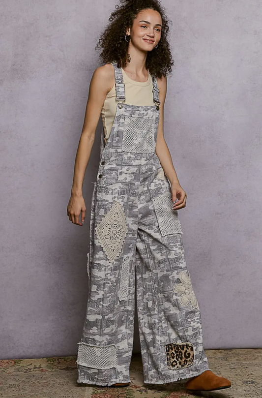 POL crochet Contrast Patch Detail Chest Pocket Woven Overalls