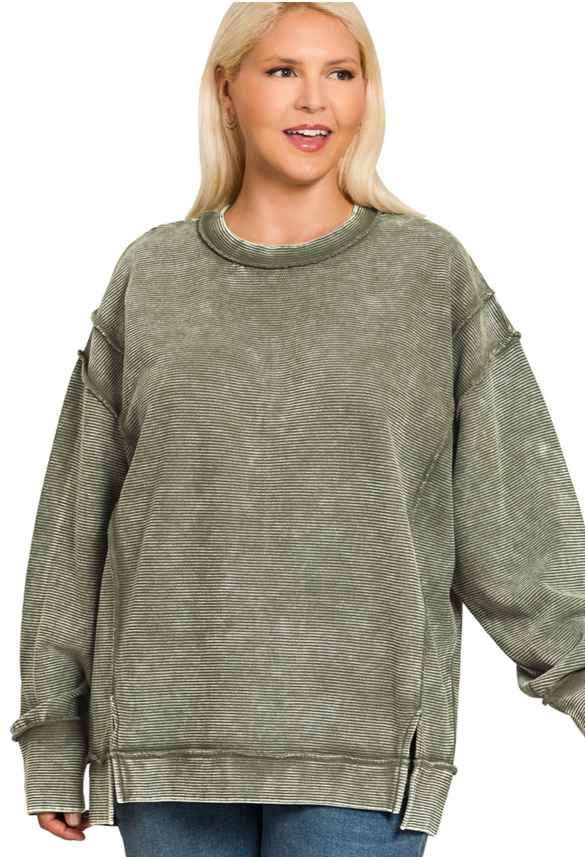 Zenana Plus Acid Washed Double Ribbed Exposed Seam Pullover