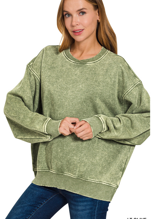 Zenana Acid Wash Oversized Fleece Pullover